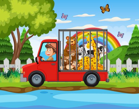 Illustration for Man driving animal to the zoo illustration - Royalty Free Image