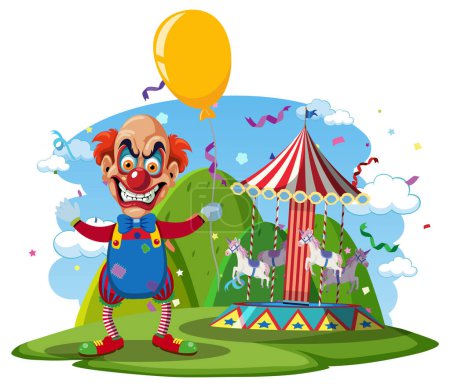 Illustration for Creepy clown with circus carousel background illustration - Royalty Free Image