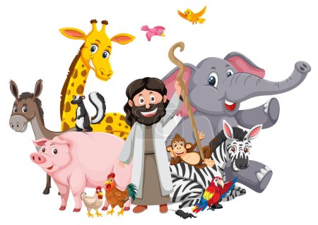 Téléchargez les photos : Arche de Noé Jésus Christ dessin animé avec illustration animale - en image libre de droit