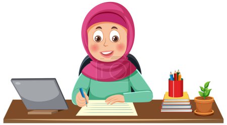 Téléchargez les illustrations : Fille musulmane travaillant à la table Illustration vectorielle - en licence libre de droit