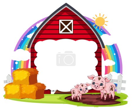 Illustration for Pig at the farm barn empty banner illustration - Royalty Free Image