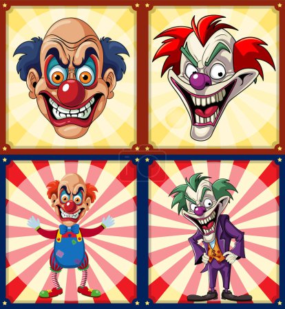 Illustration for Creepy clown on retro comic background set illustration - Royalty Free Image