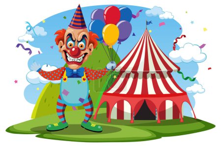 Illustration for Creepy clown with circus tent background illustration - Royalty Free Image