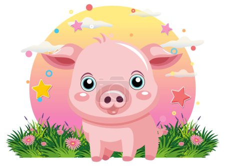 Ilustración de Lindo cerdo rosa en el campo de flores ilustración - Imagen libre de derechos