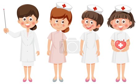 Illustration for Cute Nurse Cartoon Characters Set illustration - Royalty Free Image