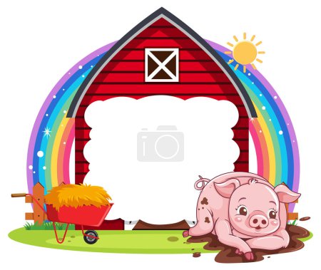 Illustration for Pig at the farm barn empty banner illustration - Royalty Free Image