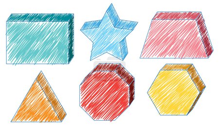 Téléchargez les illustrations : Géométrie Formes solides au crayon Croquis couleur Illustration de style simple - en licence libre de droit