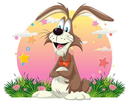 Illustration for Cute rabbit in the flower field background illustration - Royalty Free Image