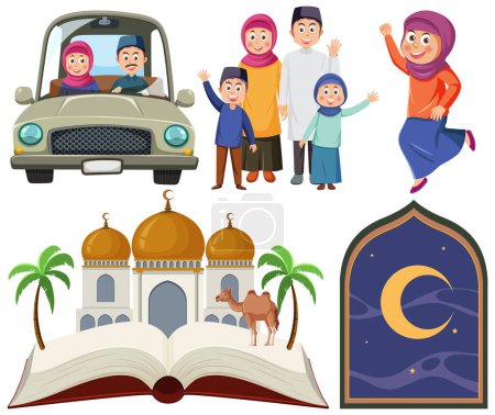 Illustration for Muslim cartoon characters set illustration - Royalty Free Image