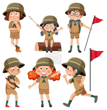 Illustration for Set of camping kids cartoon character illustration - Royalty Free Image