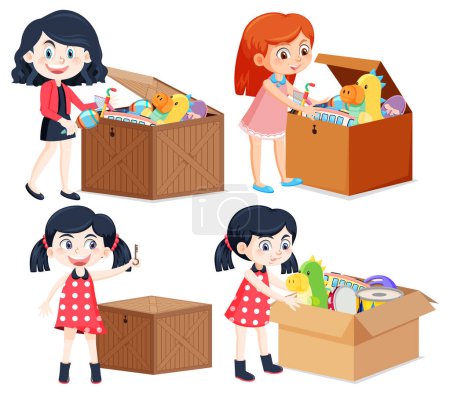 Téléchargez les illustrations : Set enfants avec jouets dans la boîte illustration - en licence libre de droit