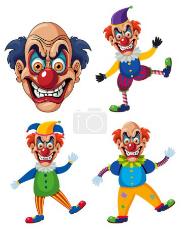 Illustration for Set of creepy clown cartoon character on colourful outfit illustration - Royalty Free Image