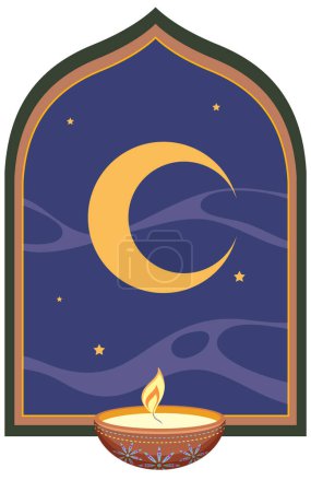 Téléchargez les illustrations : Croissant de lune la nuit Mosquée musulmane illustration - en licence libre de droit