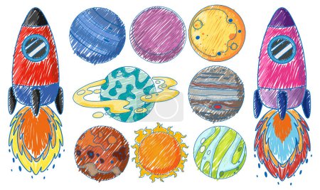Ilustración de Cohete y planetas en lápiz Dibujo de color Ilustración de estilo simple - Imagen libre de derechos