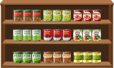 Téléchargez les illustrations : Aliments en conserve sur étagère en bois illustration isolée - en licence libre de droit