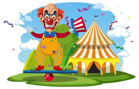 Illustration for Creepy clown with circus tent background illustration - Royalty Free Image