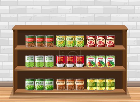 Illustration for Canned food on wooden shelf illustration - Royalty Free Image