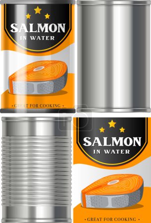 Illustration for Salmon tinned can isolated set illustration - Royalty Free Image