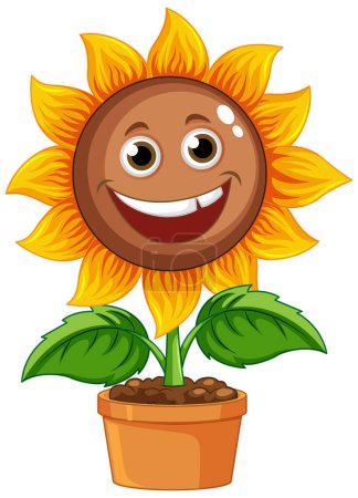 Illustration for Sun flower cartoon in pot with smiley face illustration - Royalty Free Image
