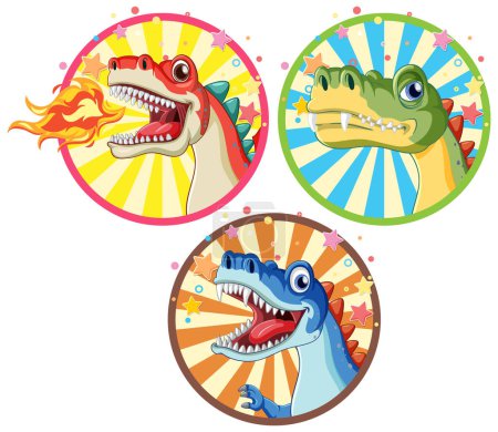 Illustration for Set of dinosaur on circle comic sticker template illustration - Royalty Free Image