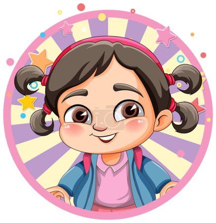 Illustration for Cute girl on circle sticker banner illustration - Royalty Free Image