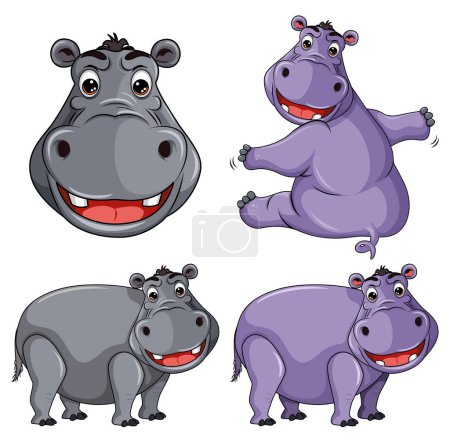 Téléchargez les illustrations : Ensemble d'illustration de personnage de dessin animé hippopotame - en licence libre de droit