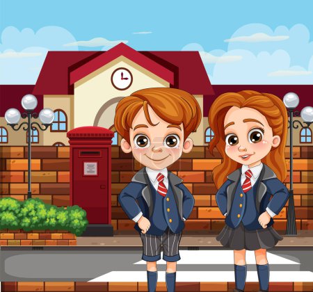 Illustration for Student wearing school uniform at school scene illustration - Royalty Free Image