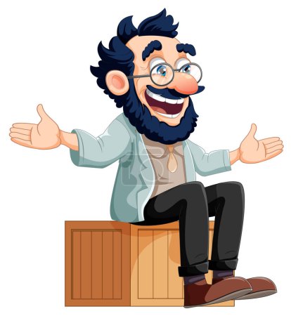 Illustration for Cheerful Old Man Sitting on Wooden Box illustration - Royalty Free Image