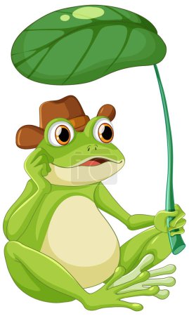 Illustration for Cute green frog holding leaves illustration - Royalty Free Image