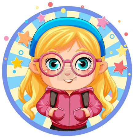 Illustration for Cute girl on circle sticker banner illustration - Royalty Free Image