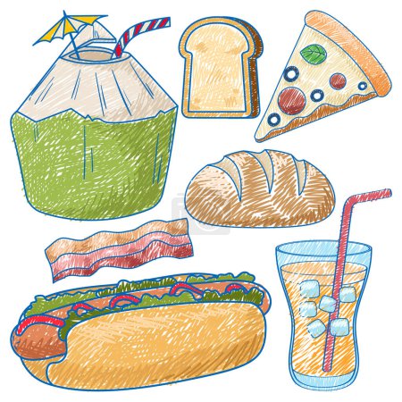 Téléchargez les illustrations : Divers aliments au crayon Croquis couleur Illustration de style simple - en licence libre de droit