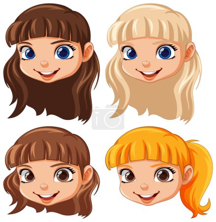 Illustration for Cute girl face smilling isolated in different hair colour illustration - Royalty Free Image