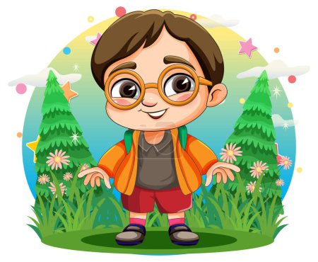 Illustration for Chubby cute boy wearing glasses at the garden illustration - Royalty Free Image