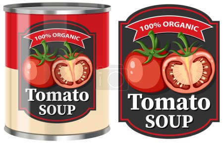 Téléchargez les illustrations : Soupe de tomates en boîte alimentaire avec illustration isolée sur l'étiquette - en licence libre de droit