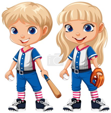 Ilustración de Lindo niño rubio y niña jugador de béisbol dibujo animado personaje ilustración - Imagen libre de derechos