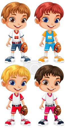 Téléchargez les illustrations : Collection de différents enfants dans des tenues de baseball illustration - en licence libre de droit