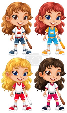 Téléchargez les illustrations : Ensemble de filles tenant des chauves-souris de baseball illustration - en licence libre de droit