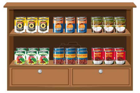 Téléchargez les illustrations : Aliments en conserve sur étagère en bois illustration - en licence libre de droit