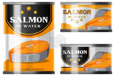 Téléchargez les illustrations : Saumon dans l'eau Boîtes alimentaires Illustration de la collection - en licence libre de droit