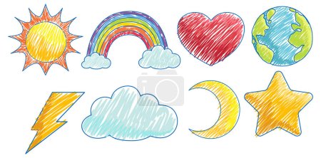 Téléchargez les photos : Icônes météo au crayon Croquis couleur Illustration de style simple - en image libre de droit