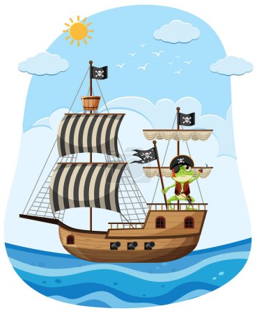 Téléchargez les illustrations : Grenouille aventureuse sur bateau pirate illustration - en licence libre de droit