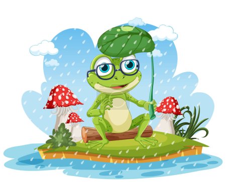 Ilustración de Ilustración de paraguas de hoja de retención de personaje de dibujos animados de rana verde - Imagen libre de derechos