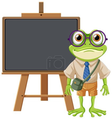 Téléchargez les illustrations : Personnage de bande dessinée de grenouille étudiante avec illustration de planche vide - en licence libre de droit
