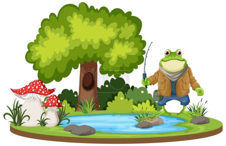 Téléchargez les illustrations : Grenouille verte tenant une tringle de pêche à l'étang illustration - en licence libre de droit