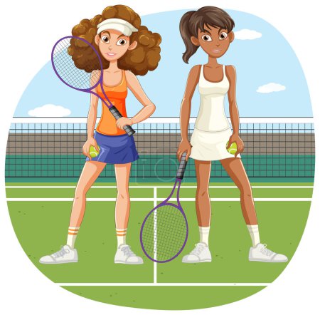 Téléchargez les illustrations : Deux joueuses de tennis en cour illustration - en licence libre de droit