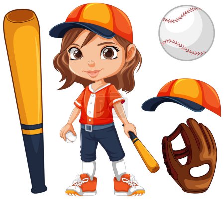 Ilustración de Linda chica en traje de béisbol con ilustración de objetos deportivos de béisbol - Imagen libre de derechos
