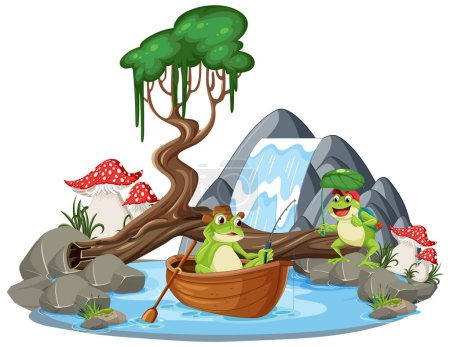 Ilustración de Rana verde en cascada Escena ilustración - Imagen libre de derechos