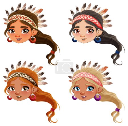 Illustration for Set of Set of Native American cartoon head illustration - Royalty Free Image