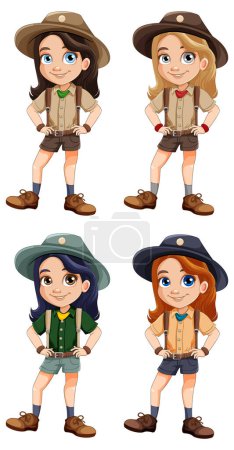 Téléchargez les illustrations : Ensemble de fille en scout uniforme dessin animé illustration de personnage - en licence libre de droit