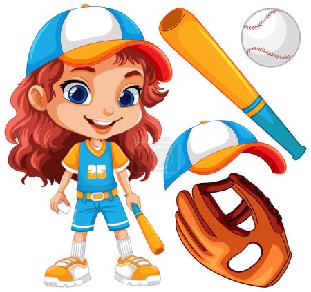 Téléchargez les illustrations : Jolie fille en tenue de baseball avec illustration d'objets de sport de baseball - en licence libre de droit